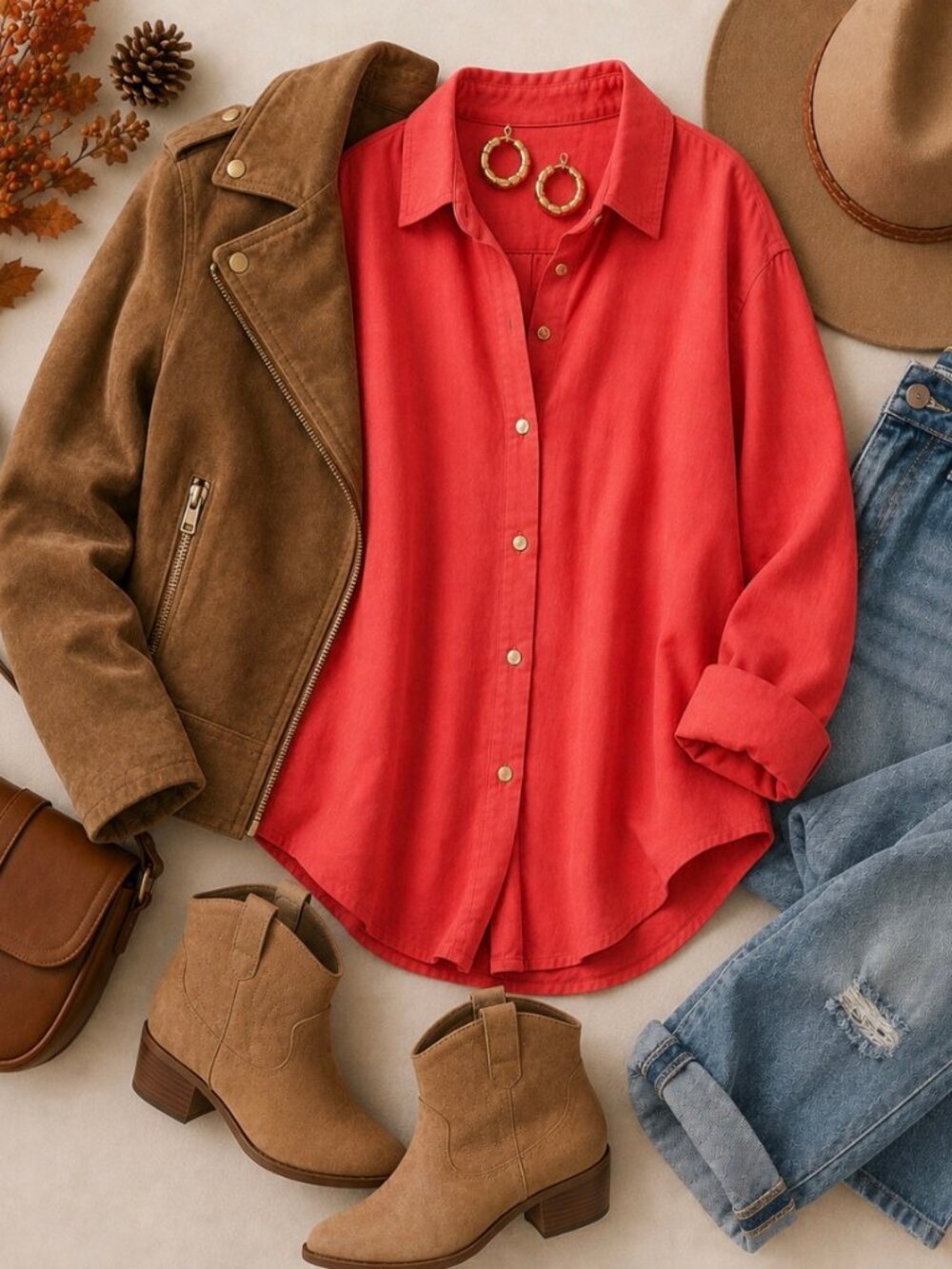 Coral Red Button Down Shirt Long Sleeve Relaxed Fit Top